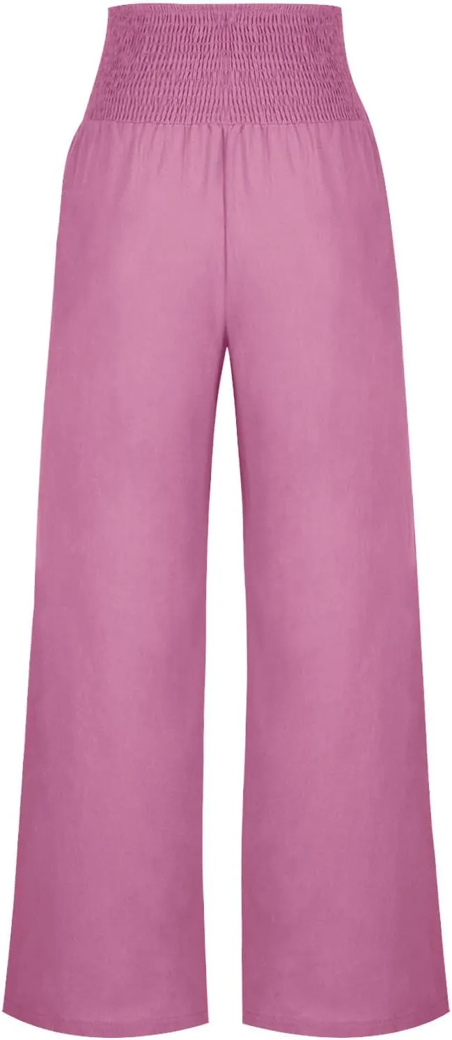 Women's Summer High Waisted Cotton Linen Pants with Pockets Wide Leg Long Lounge Palazzo Pants Loose Flowy Trousers