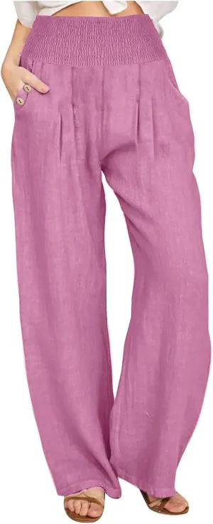 Women's Summer High Waisted Cotton Linen Pants with Pockets Wide Leg Long Lounge Palazzo Pants Loose Flowy Trousers