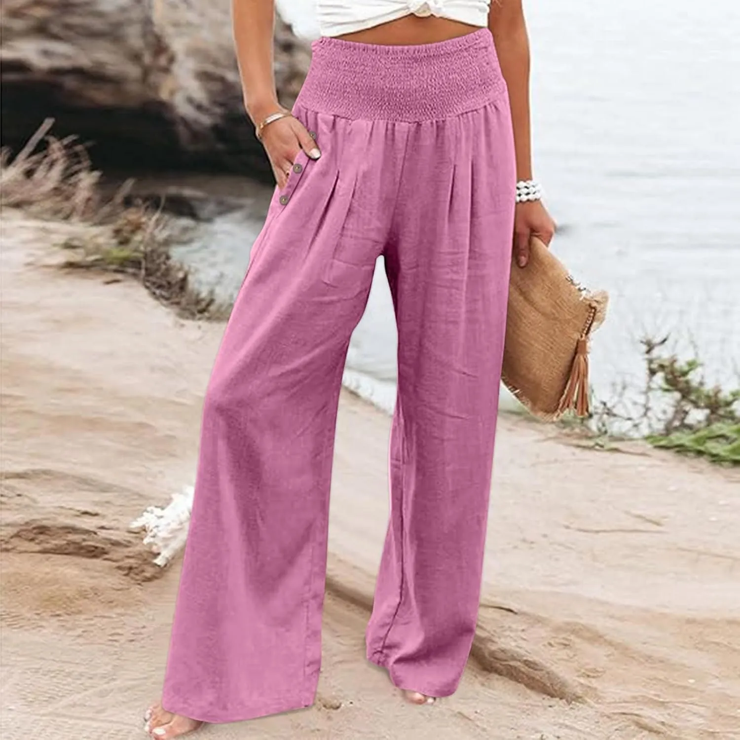 Women's Summer High Waisted Cotton Linen Pants with Pockets Wide Leg Long Lounge Palazzo Pants Loose Flowy Trousers