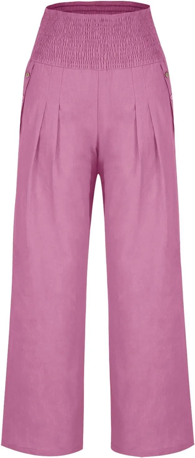 Women's Summer High Waisted Cotton Linen Pants with Pockets Wide Leg Long Lounge Palazzo Pants Loose Flowy Trousers
