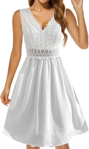 Women's Summer Lace Hollow Out Dress Sexy V Neck Sleeveless A-Line Mini Dress Solid Flutter Ruffle Short Boho Beach Dress, Large, A#3-white