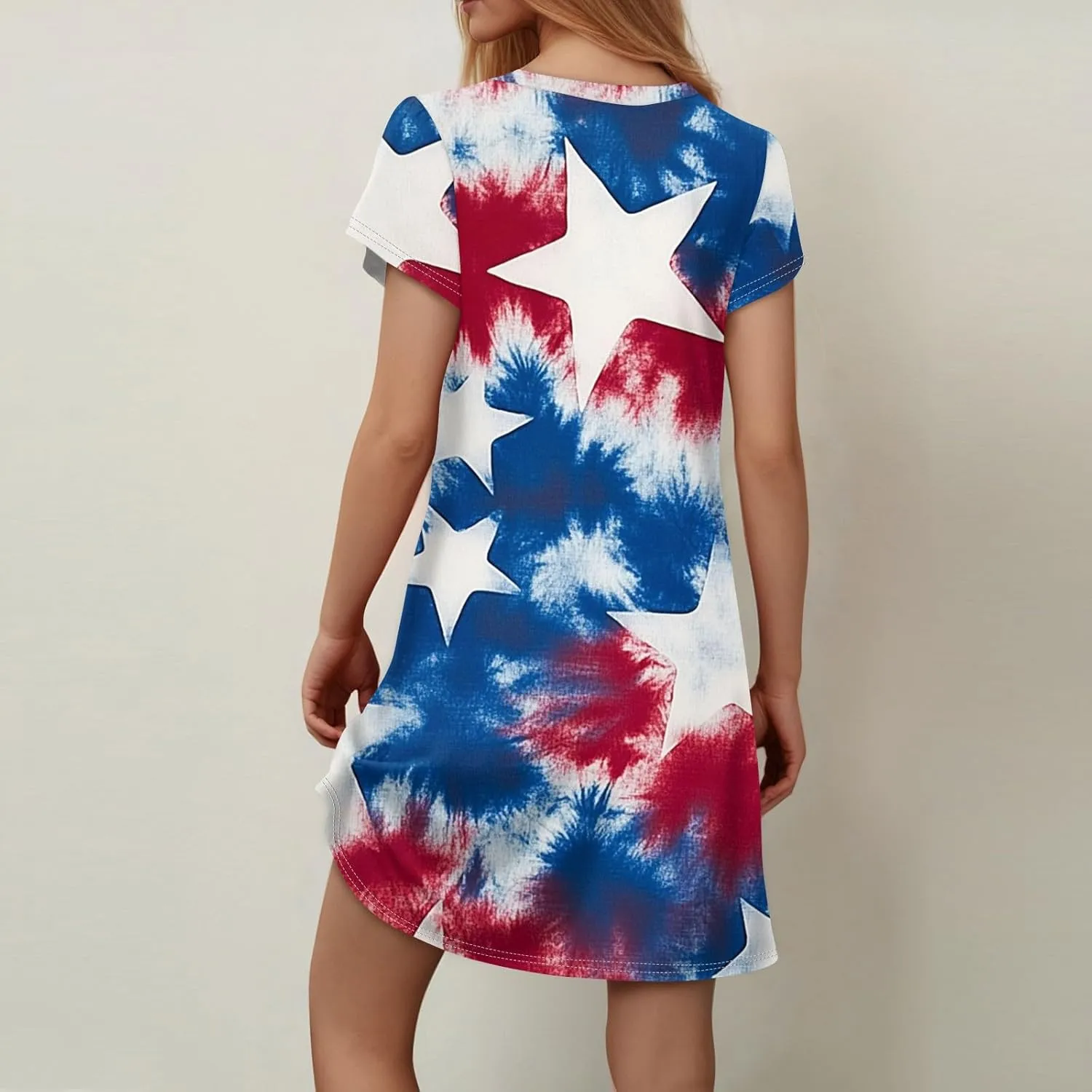 Women's Summer V Neck Short Sleeve Floral Beach Casual Loose Tshirt A Line Mini Sundresses, S-2XL