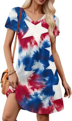 Women's Summer V Neck Short Sleeve Floral Beach Casual Loose Tshirt A Line Mini Sundresses, S-2XL