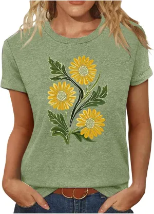Womens Sunflowers Pattern T Shirts Boho Wildflower Graphic Short Sleeve Blouses Summer Casual Aesthetic Tunic Tee Tops