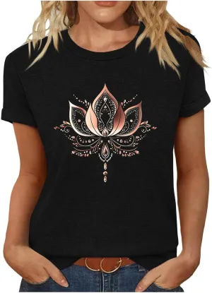 Womens Sunflowers Pattern T Shirts Boho Wildflower Graphic Short Sleeve Blouses Summer Casual Aesthetic Tunic Tee Tops