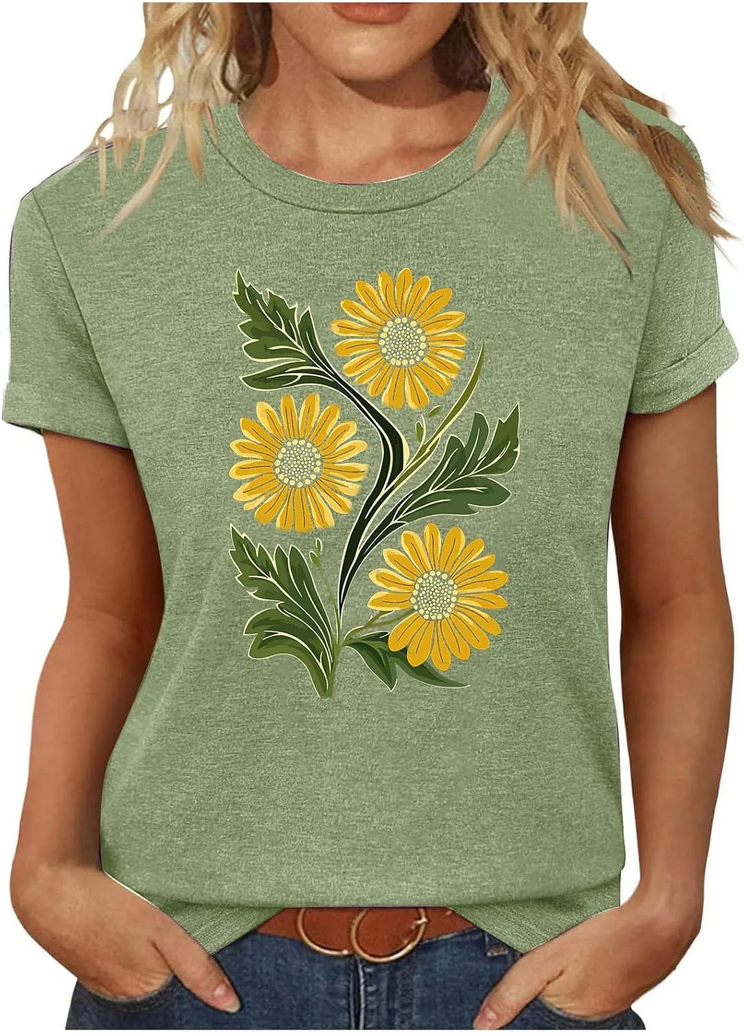 Womens Sunflowers Pattern T Shirts Boho Wildflower Graphic Short Sleeve Blouses Summer Casual Aesthetic Tunic Tee Tops
