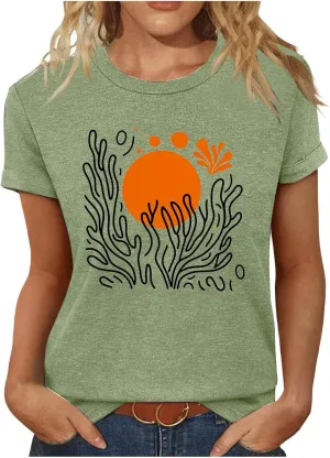 Womens Sunflowers Pattern T Shirts Boho Wildflower Graphic Short Sleeve Blouses Summer Casual Aesthetic Tunic Tee Tops