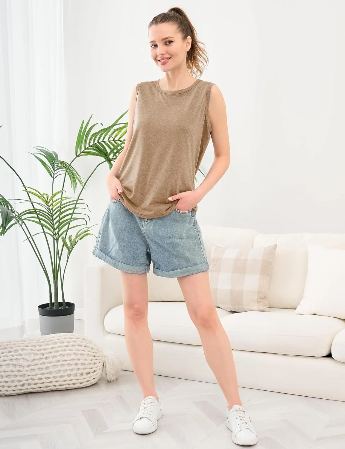 Womens Tank Tops Summer Tops Sleeveless Casual Crew Neck Tee Shirts Loose Fit Basic Shirts