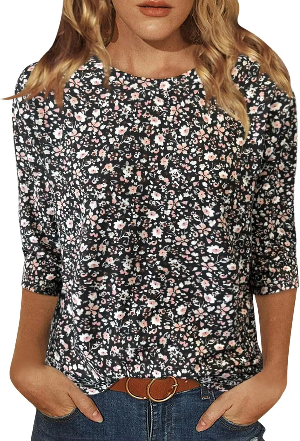 Womens Tops 3/4 Sleeve Shirts Crew Neck Loose Casual Blouses Floral Print Tshirts