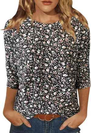 Womens Tops 3/4 Sleeve Shirts Crew Neck Loose Casual Blouses Floral Print Tshirts