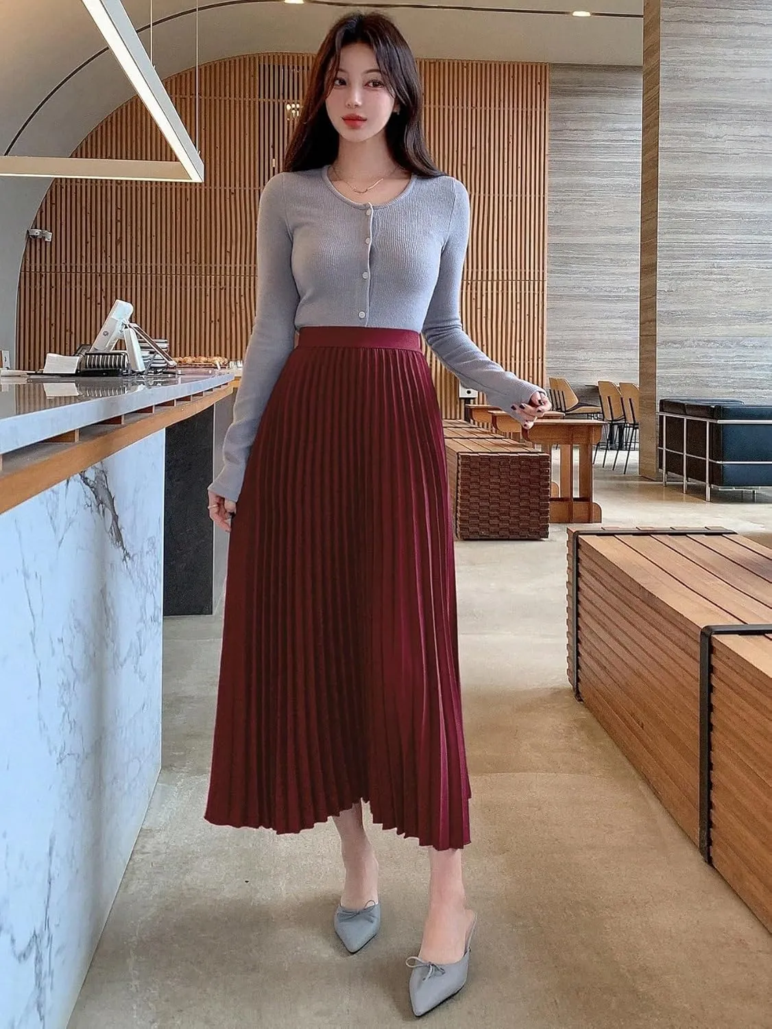 Women's Trendy Beach Skirts Elegant Solid Color Pleated A-Line Skirt Autumn
