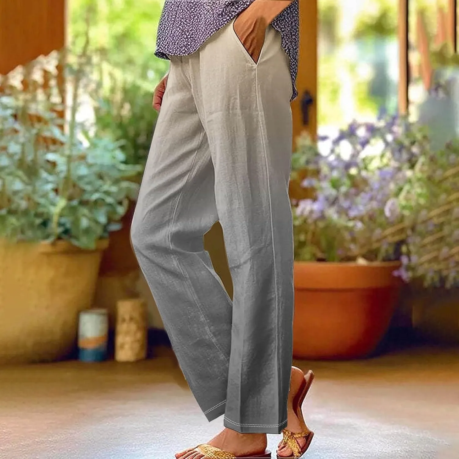Women's Trendy Linen Pants Gradient Summer Casual Elastic Waist Wide Leg Crop Pants Comfy Beach Lounge Trousers with Pockets