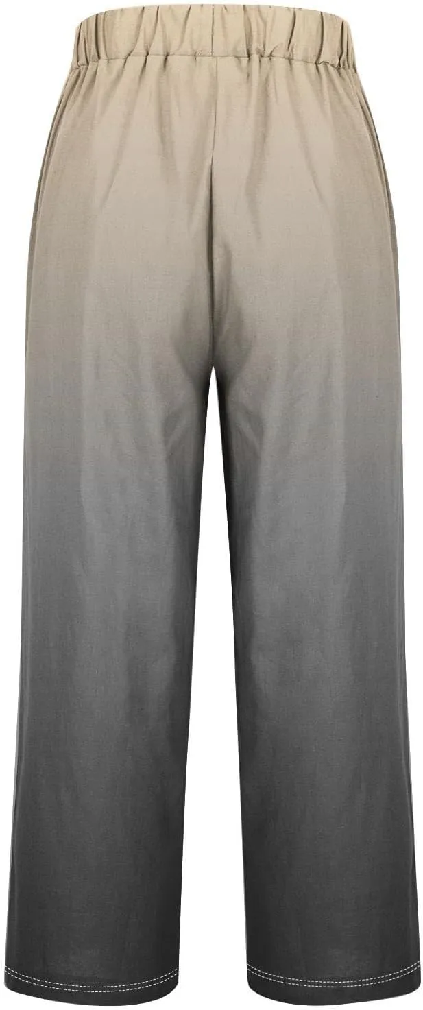 Women's Trendy Linen Pants Gradient Summer Casual Elastic Waist Wide Leg Crop Pants Comfy Beach Lounge Trousers with Pockets