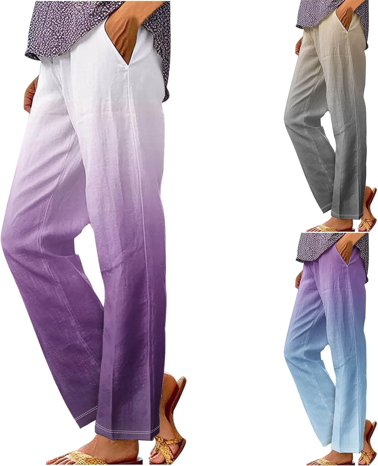 Women's Trendy Linen Pants Gradient Summer Casual Elastic Waist Wide Leg Crop Pants Comfy Beach Lounge Trousers with Pockets