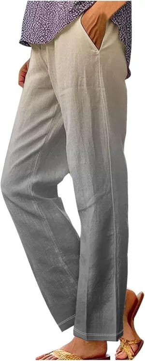 Women's Trendy Linen Pants Gradient Summer Casual Elastic Waist Wide Leg Crop Pants Comfy Beach Lounge Trousers with Pockets