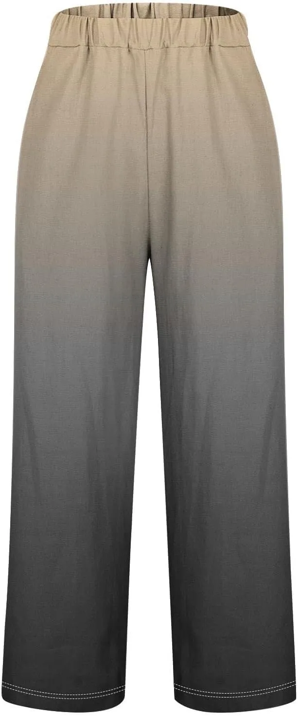 Women's Trendy Linen Pants Gradient Summer Casual Elastic Waist Wide Leg Crop Pants Comfy Beach Lounge Trousers with Pockets