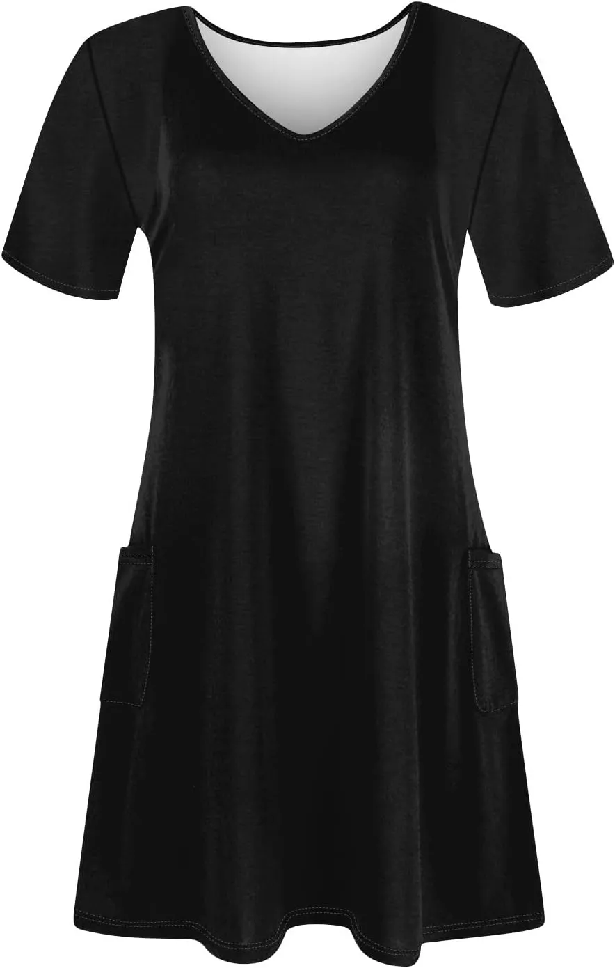 Womens Trendy Summer Short Sleeve Dress Floral Printed Mini Dresses with Pockets V Neck Beach Tshirt Sundress