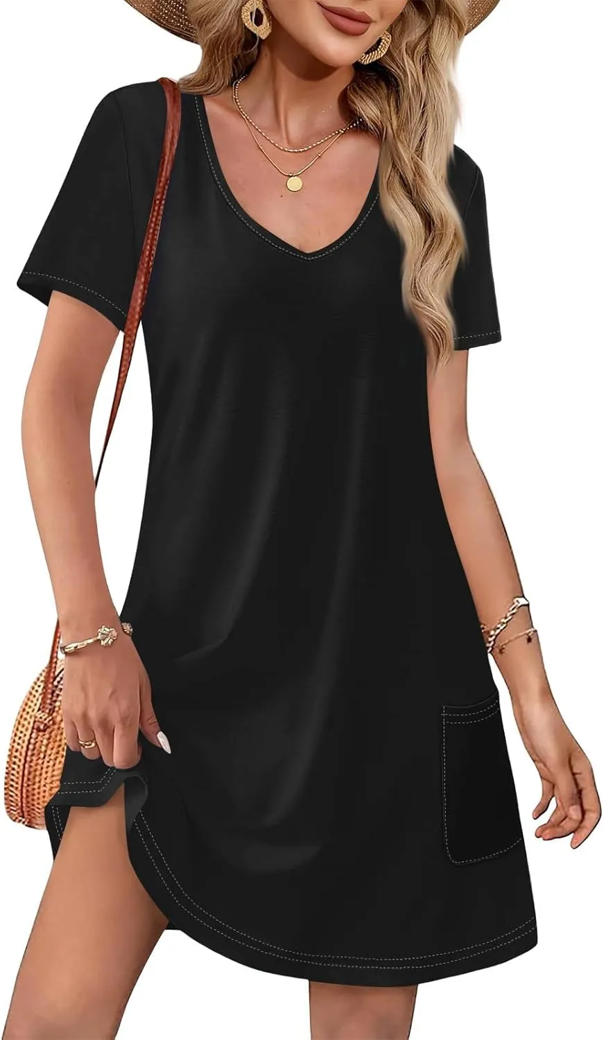 Womens Trendy Summer Short Sleeve Dress Floral Printed Mini Dresses with Pockets V Neck Beach Tshirt Sundress