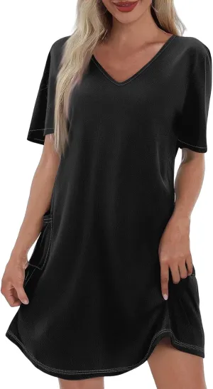 Womens Trendy Summer Short Sleeve Dress Floral Printed Mini Dresses with Pockets V Neck Beach Tshirt Sundress