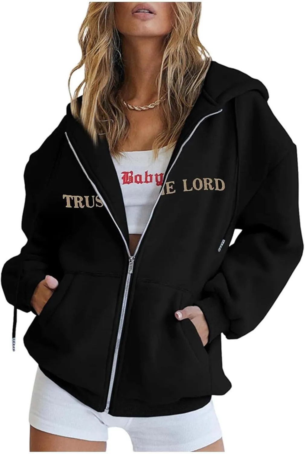 Women's Trust In The Lord Full Zip Up Christian Hoodies Comfort Fleece Lined Aesthetic with Hood Jackets 2024 Jesus