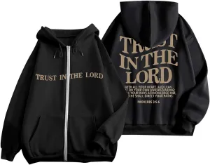 Women's Trust In The Lord Full Zip Up Christian Hoodies Comfort Fleece Lined Aesthetic with Hood Jackets 2024 Jesus