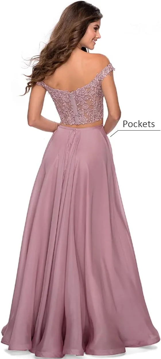 Women's Two Piece Prom Dresses Long with Slit Off Shoulder Lace Chiffon Homecoming Party Gowns with Pockets WD04