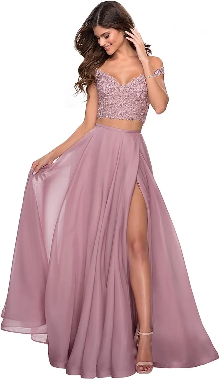 Women's Two Piece Prom Dresses Long with Slit Off Shoulder Lace Chiffon Homecoming Party Gowns with Pockets WD04