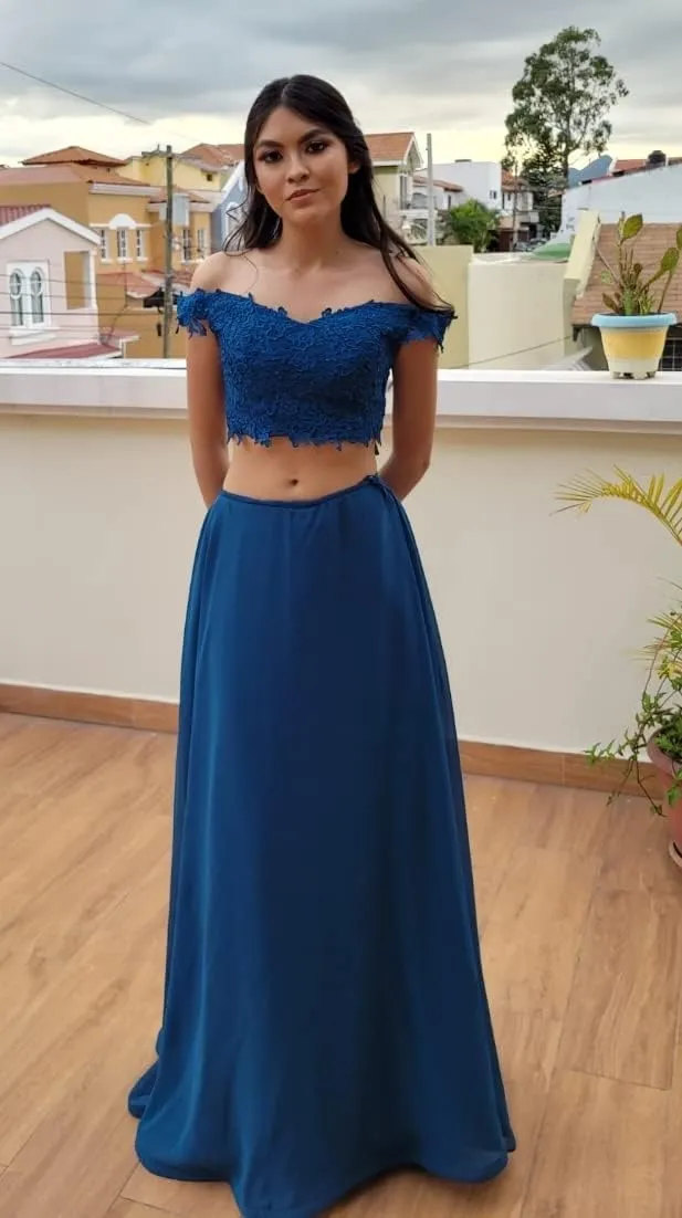 Women's Two Piece Prom Dresses Long with Slit Off Shoulder Lace Chiffon Homecoming Party Gowns with Pockets WD04