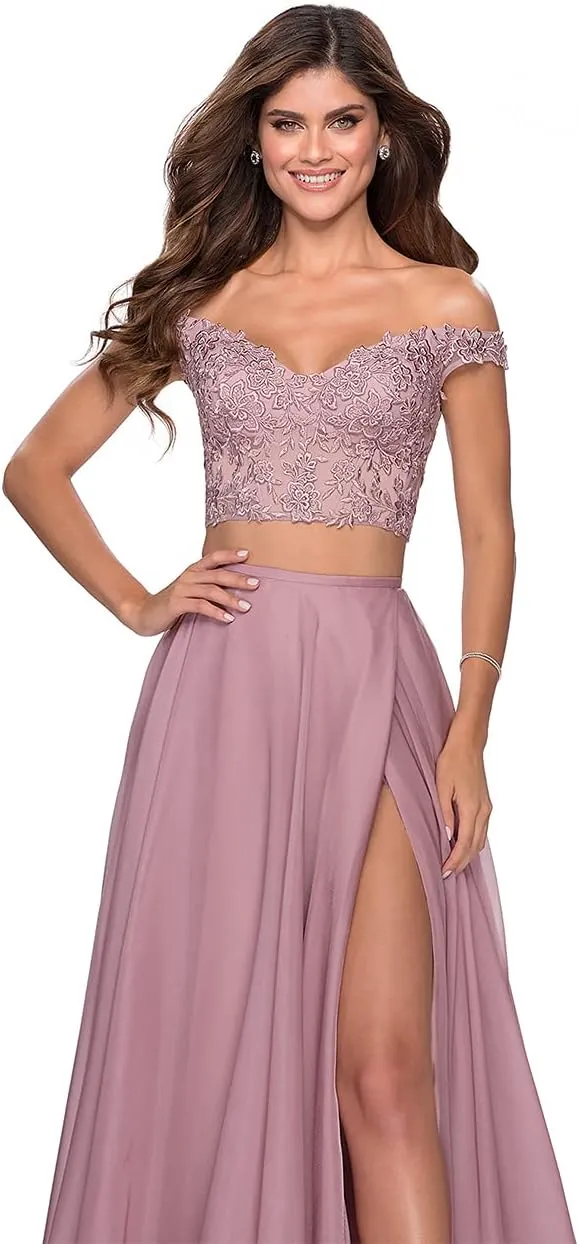 Women's Two Piece Prom Dresses Long with Slit Off Shoulder Lace Chiffon Homecoming Party Gowns with Pockets WD04