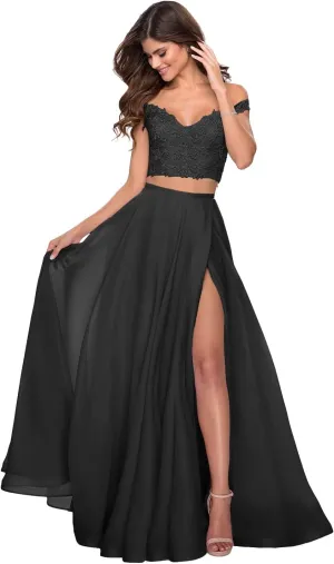 Women's Two Piece Prom Dresses Long with Slit Off Shoulder Lace Chiffon Homecoming Party Gowns with Pockets WD04