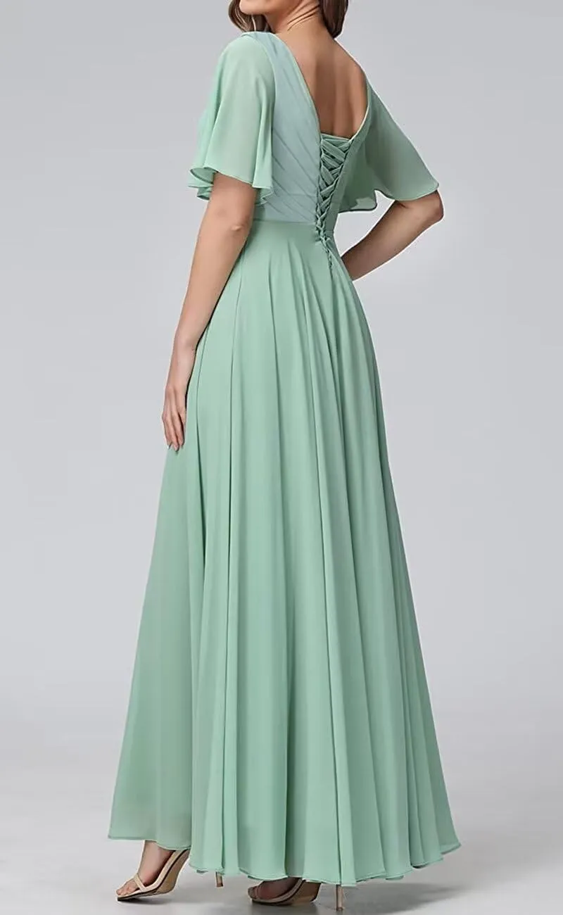 Women's V Neck Bridesmaid Dresses with Flutter Sleeves Chiffon A Line Formal Evening Dress