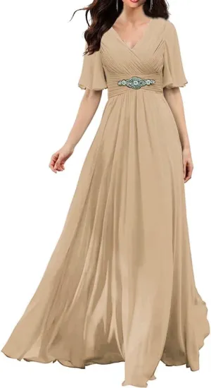 Women's V Neck Bridesmaid Dresses with Flutter Sleeves Chiffon A Line Formal Evening Dress