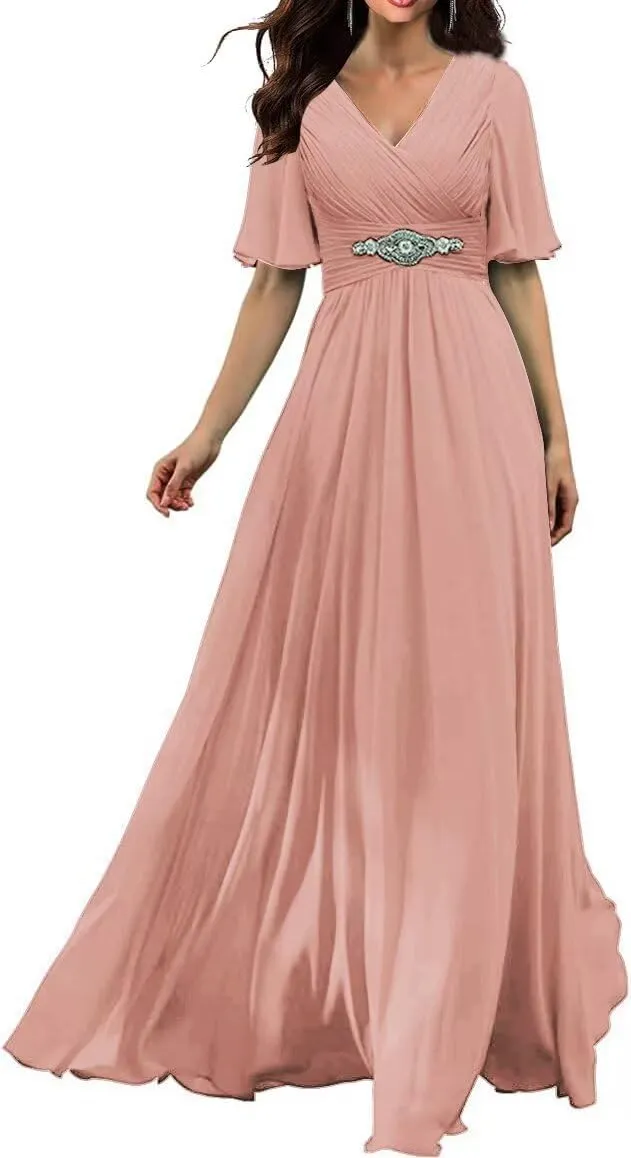 Women's V Neck Bridesmaid Dresses with Flutter Sleeves Chiffon A Line Formal Evening Dress