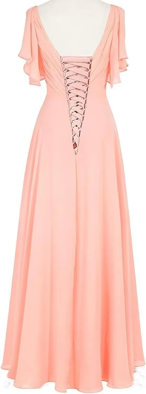 Women's V Neck Bridesmaid Dresses with Flutter Sleeves Chiffon A Line Formal Evening Dress