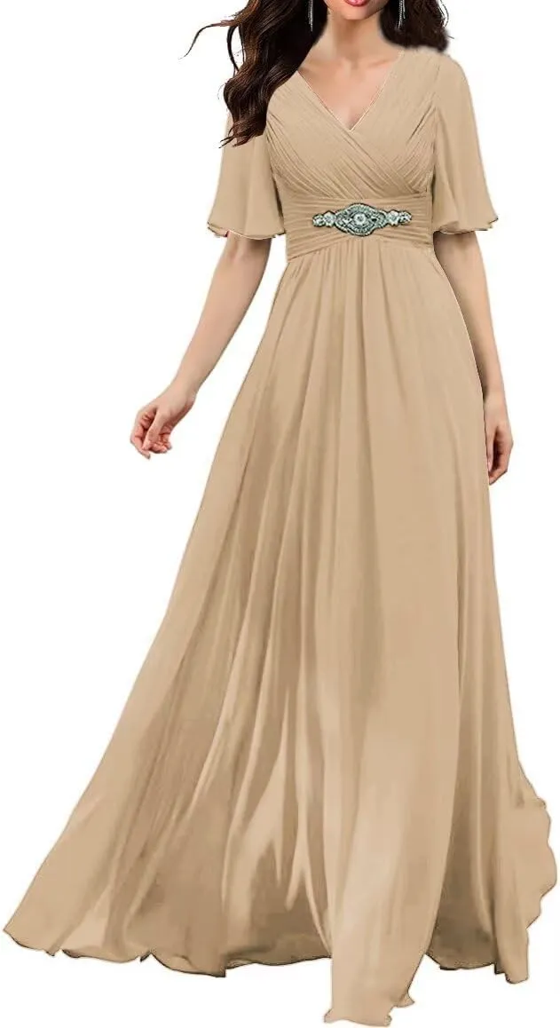 Women's V Neck Bridesmaid Dresses with Flutter Sleeves Chiffon A Line Formal Evening Dress