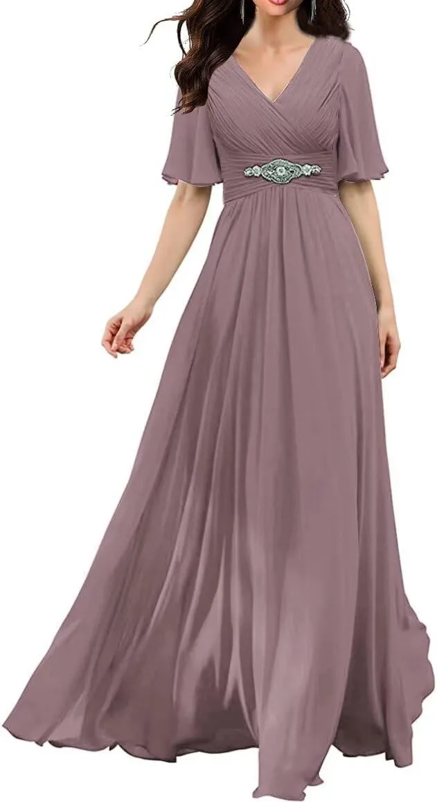 Women's V Neck Bridesmaid Dresses with Flutter Sleeves Chiffon A Line Formal Evening Dress