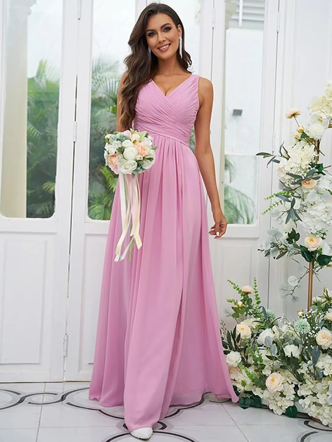 Women's V Neck Chiffon Bridesmaid Dresses for Wedding Pleated A Line Long Formal Wedding Evening Dresses
