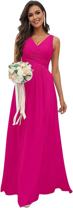 Women's V Neck Chiffon Bridesmaid Dresses for Wedding Pleated A Line Long Formal Wedding Evening Dresses