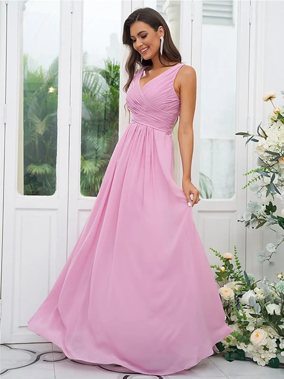 Women's V Neck Chiffon Bridesmaid Dresses for Wedding Pleated A Line Long Formal Wedding Evening Dresses
