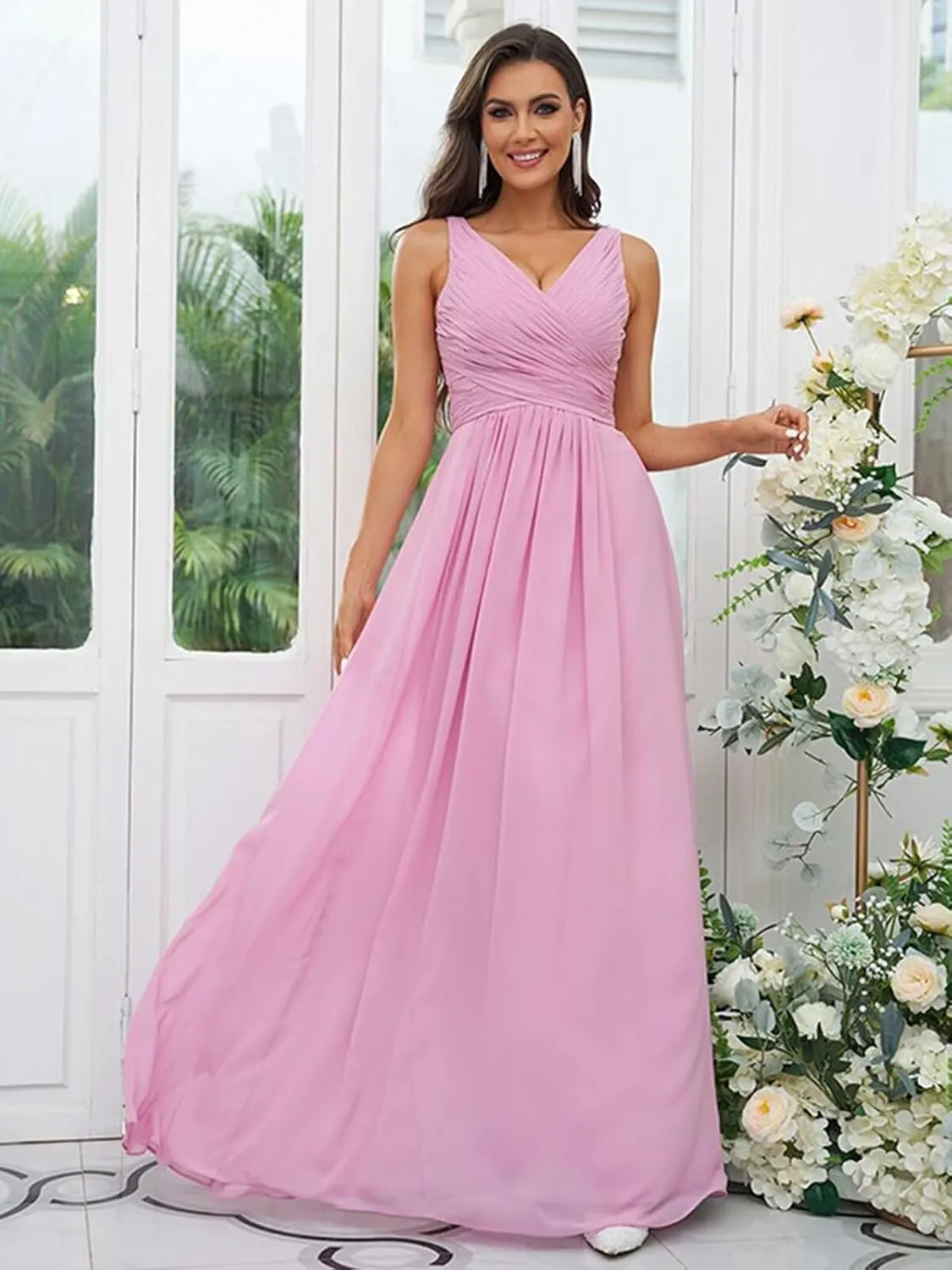 Women's V Neck Chiffon Bridesmaid Dresses for Wedding Pleated A Line Long Formal Wedding Evening Dresses