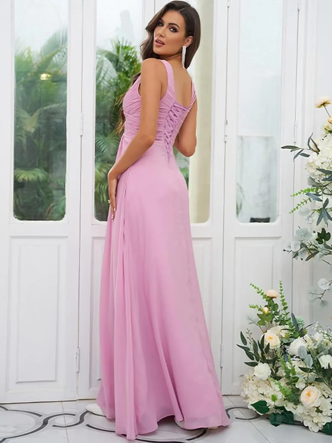Women's V Neck Chiffon Bridesmaid Dresses for Wedding Pleated A Line Long Formal Wedding Evening Dresses
