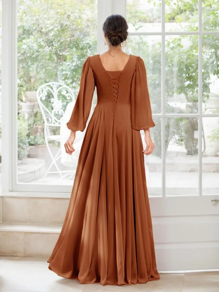 Women's V-Neck Lantern Sleeves Bridesmaid Dress A-Line Pleated Chiffon Maxi Formal Dress NO92