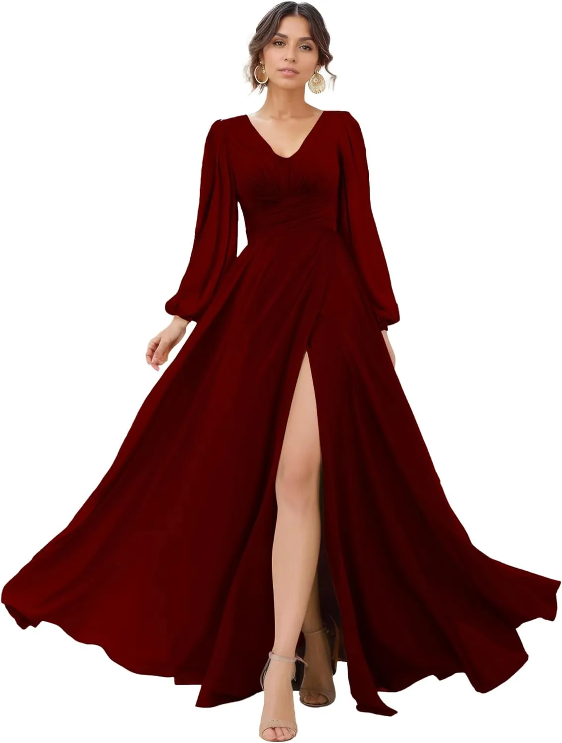 Women's V-Neck Lantern Sleeves Bridesmaid Dress A-Line Pleated Chiffon Maxi Formal Dress NO92