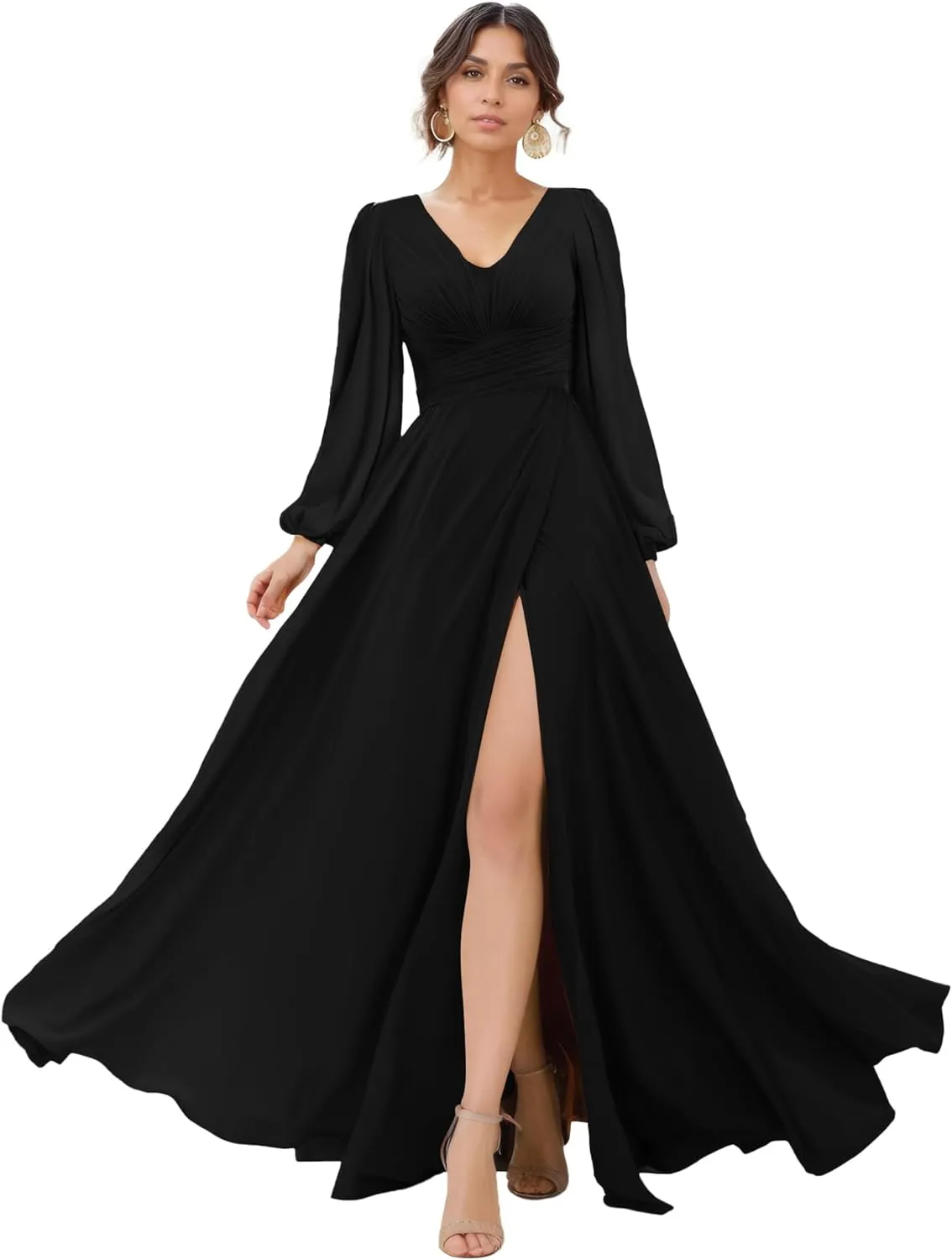 Women's V-Neck Lantern Sleeves Bridesmaid Dress A-Line Pleated Chiffon Maxi Formal Dress NO92