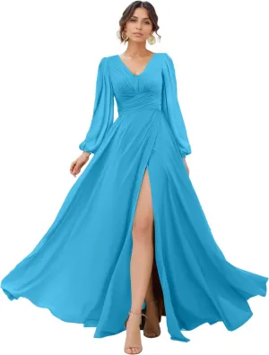 Women's V-Neck Lantern Sleeves Bridesmaid Dress A-Line Pleated Chiffon Maxi Formal Dress NO92