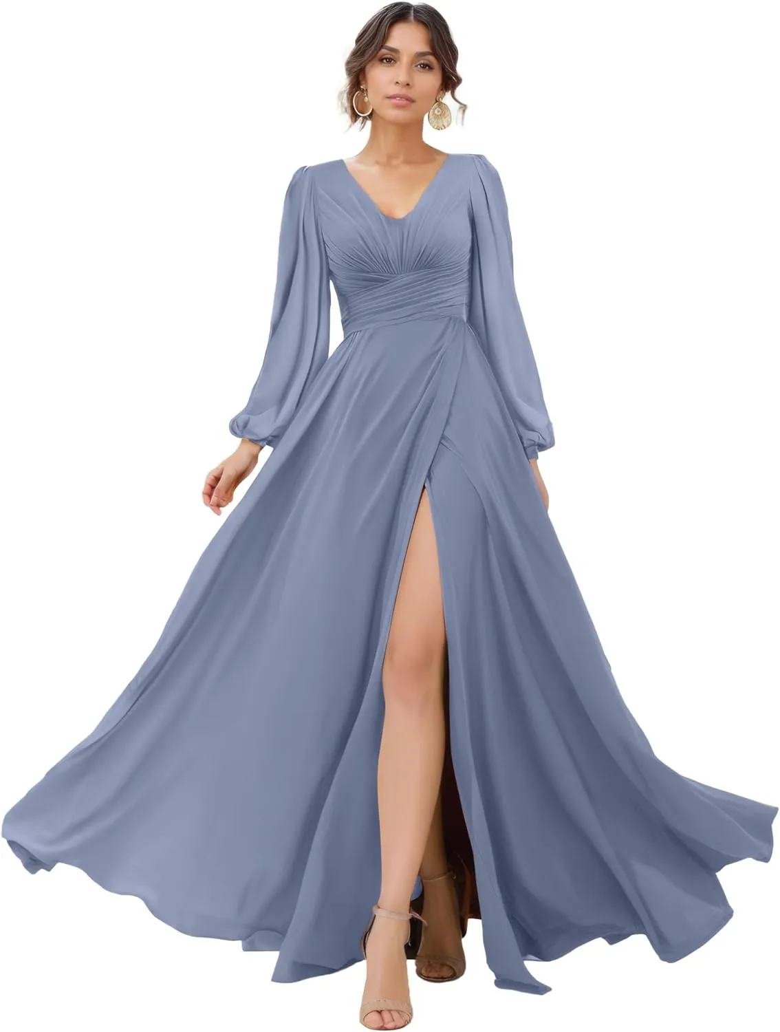 Women's V-Neck Lantern Sleeves Bridesmaid Dress A-Line Pleated Chiffon Maxi Formal Dress NO92