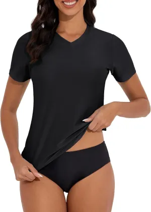 Women's V-Neck Short Sleeve Rash Guard Shirts UV Protection Swim Shirts UPF 50  Lightweight Swimwear