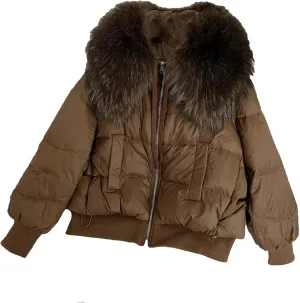 Women's Winter Cotton Padded Jacket Large Thick Warm Coat Short Duck Down Outerwear Brown