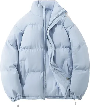 Women's Winter Vintage Warm Puffer Jacket Parkas Warm Cotton-Padded Coat Cropped Puffer Quilted Tops Blue