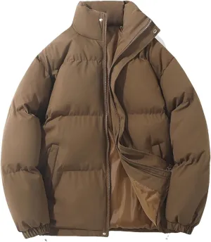 Women's Winter Vintage Warm Puffer Jacket Parkas Warm Cotton-Padded Coat Cropped Puffer Quilted Tops Coffee